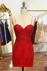 Red Spaghetti Straps Tight Short Homecoming Dress with Appliques