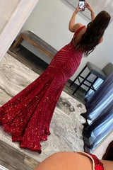 Red Sparkly Deep V Neck Sequin Mermaid Prom Dress