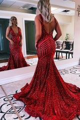 Red Sparkly Deep V Neck Sequin Mermaid Prom Dress