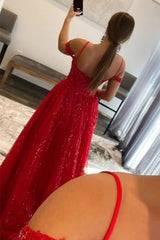 Red Sparkly Detachable Train Sequins Long Prom Dress with Slit