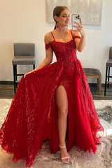 Red Sparkly Detachable Train Sequins Long Prom Dress with Slit