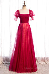 Prom Dress Elegent, Red Square Neck Puff Sleeves Beaded Tulle Maxi Formal Dress