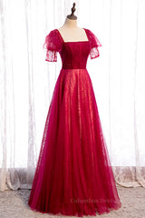 Prom Dresses Elegent, Red Square Neck Puff Sleeves Beaded Tulle Maxi Formal Dress