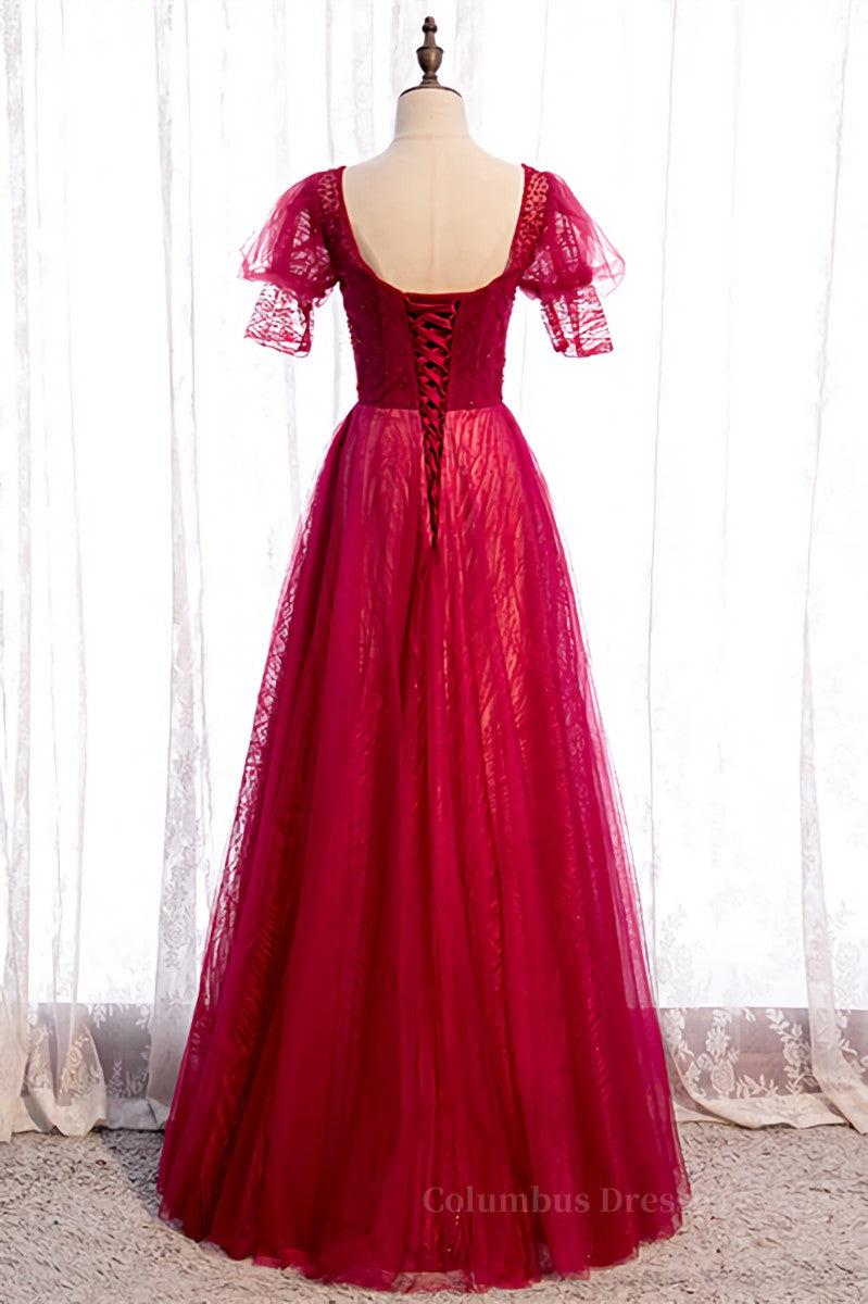 Prom Dress Shopping Near Me, Red Square Neck Puff Sleeves Beaded Tulle Maxi Formal Dress