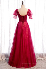 Prom Dress Shopping Near Me, Red Square Neck Puff Sleeves Beaded Tulle Maxi Formal Dress