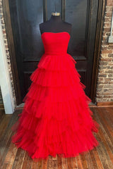 Prom Dress Tight Fitting, Red Strapless Tulle Layers Long Prom Dress, A-line Sweetheart Red Evening Dress