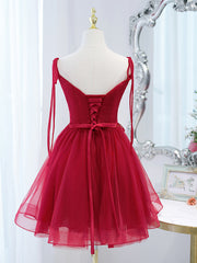 Prom Dress Outfit, Red Straps Tulle Short Homecoming Dress Prom Dress, Red V-neckline Formal Dresses