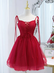 Prom Dresses Corset, Red Straps Tulle Short Homecoming Dress Prom Dress, Red V-neckline Formal Dresses