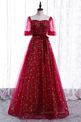 Prom Dresses Long, Red Sweetheart Illusion Sleeves Sparkly Prints Maxi Formal Dress with Sash