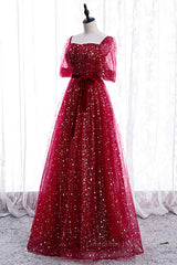 Prom Dresses Short, Red Sweetheart Illusion Sleeves Sparkly Prints Maxi Formal Dress with Sash