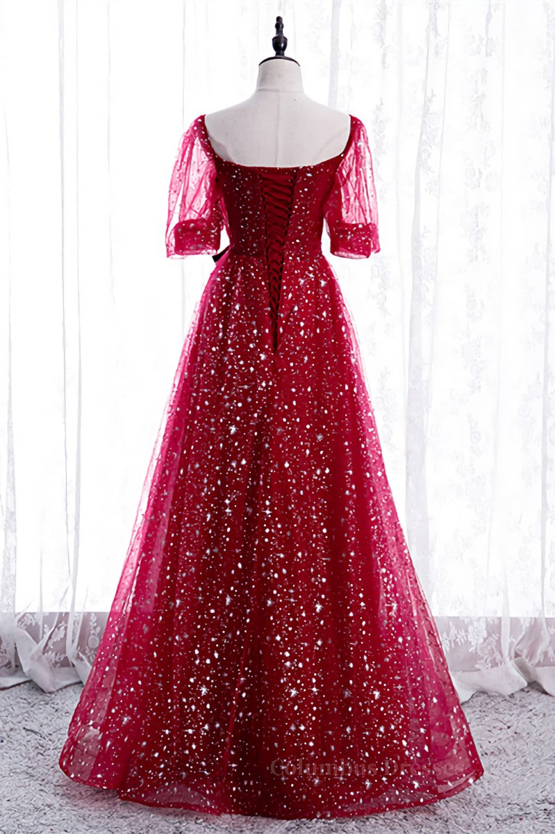 Prom Dress Ideas, Red Sweetheart Illusion Sleeves Sparkly Prints Maxi Formal Dress with Sash