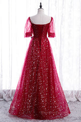 Prom Dresses Under 131, Red Sweetheart Illusion Sleeves Sparkly Prints Maxi Formal Dress with Sash