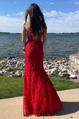 Red Sweetheart Lace-Up Long Mermaid Prom Dress with Appliques