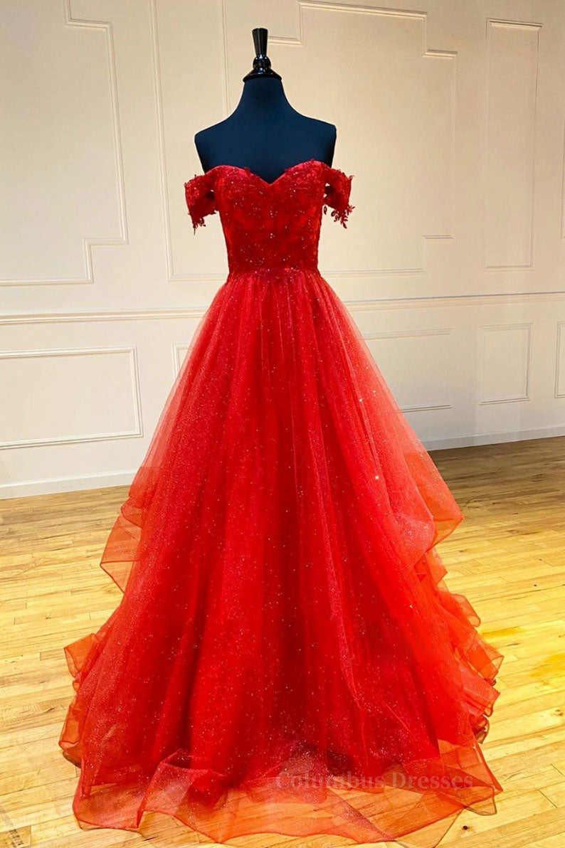Prom Dress Princesses, Red sweetheart off shoulder tulle long prom dress tulle formal dress