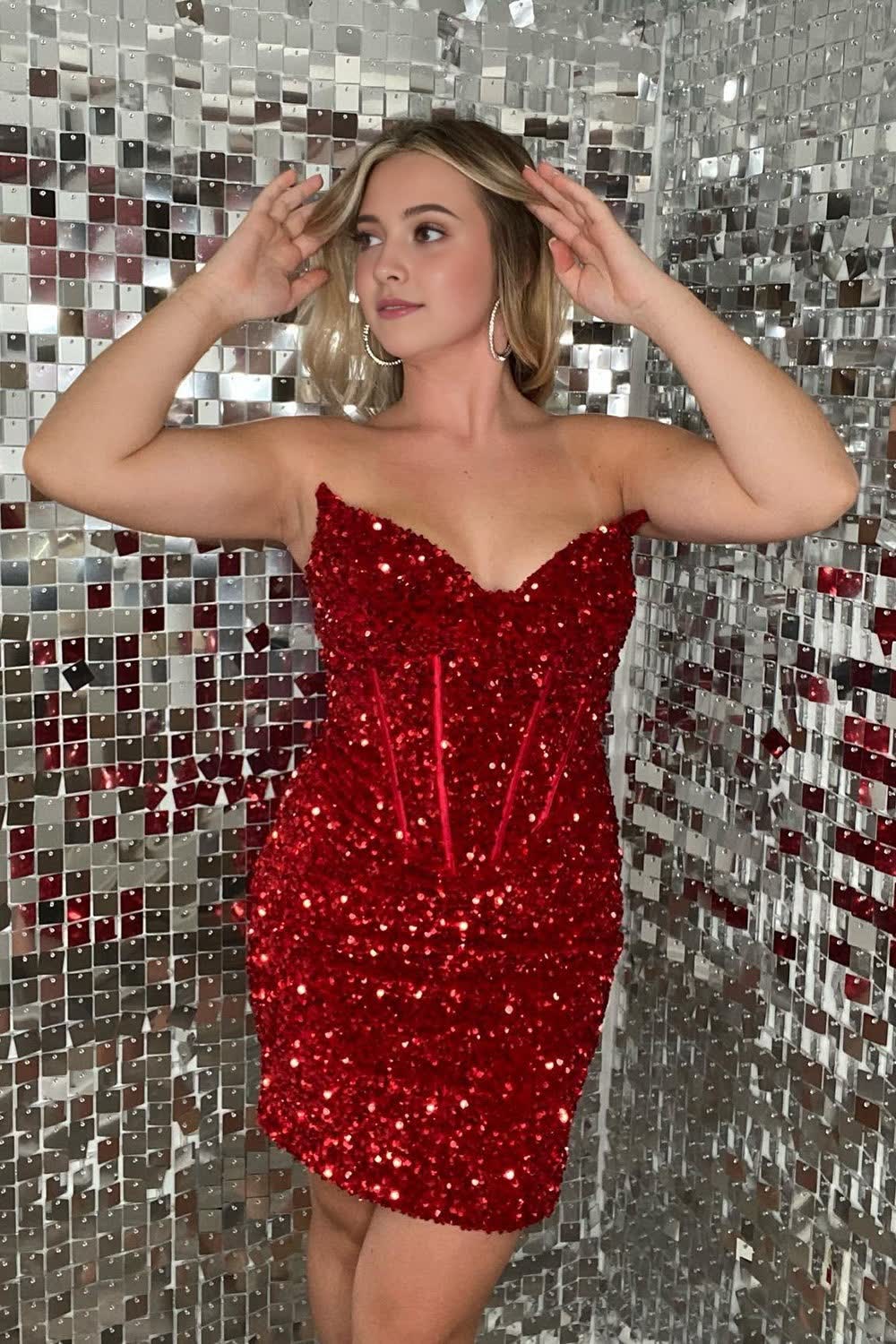Red Sweetheart Sequins Tight Short Homecoming Dress