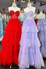 Blue Prom Dress, Red Sweetheart Sequins Top Multi-Layers Long Prom Dress,Tiered Formal Dresses