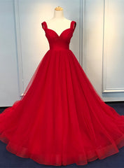 Garden Wedding, Red Sweetheart Straps Long Ball Gown Evening Dress, Red Tulle Prom Dress