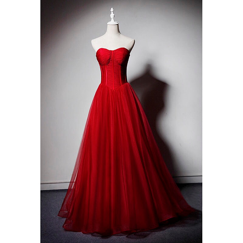 Bridesmaid Dress Outdoor Wedding, Red Sweetheart Tulle Ball Gown Floor Length Formal Dress, Red Tulle Evening Dress Party Dress