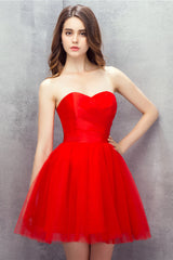 Prom Dress Long With Sleeves, Red Sweetheart Tulle Short Mini Homecoming Dresses