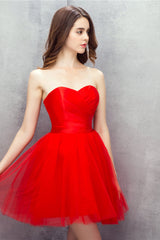 Prom Dresses Long With Sleeves, Red Sweetheart Tulle Short Mini Homecoming Dresses