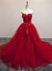 Evening Dresses 01, Red Sweetheart Tulle with Applique Party Dress , Tulle Formal Gowns