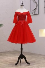Formal Dress For Winter, Red Sweetheart Tulle with Lace and Beaded Homecoming Dress, Red Party Dress