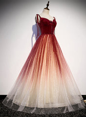 Party Dress Cheap, Red Sweetheart Velvet and Tulle Straps Long Party Dress, Gradient Tulle A-line Prom Dress