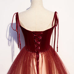 Party Dress Online, Red Sweetheart Velvet and Tulle Straps Long Party Dress, Gradient Tulle A-line Prom Dress