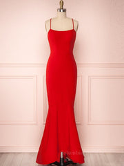Prom Dress Styles, Red Thin Straps Mermaid Backless Long Prom Dresses, Red Mermaid Formal Dresses, Red Evening Dresses