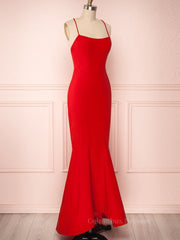 Prom Dresses Style, Red Thin Straps Mermaid Backless Long Prom Dresses, Red Mermaid Formal Dresses, Red Evening Dresses