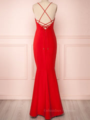 Prom Dress Style, Red Thin Straps Mermaid Backless Long Prom Dresses, Red Mermaid Formal Dresses, Red Evening Dresses