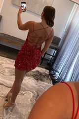 Red Tight Sequins Backless Homecoming Dress