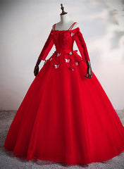 Bridesmaid Dress Satin, Red Tulle Ball Gown Off Shoulder Long Party Dress, Red Sweet 16 Dresses
