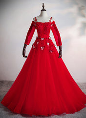 Bridesmaid Dresses Shops, Red Tulle Ball Gown Off Shoulder Long Party Dress, Red Sweet 16 Dresses