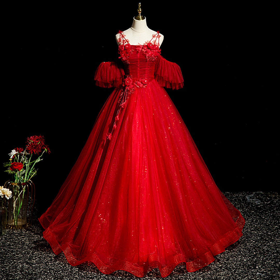 Night Out Outfit, Red Tulle Ball Gown Off Shoulder Sweet 16 Formal Dresses, Red Evening Gown Party Dress