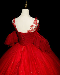 Party Dress Man, Red Tulle Ball Gown Off Shoulder Sweet 16 Formal Dresses, Red Evening Gown Party Dress