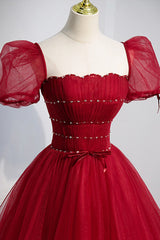 Homecoming Dresses Online, Red Tulle Floor Length Evening Party Dress, Red Short Sleeve Graduation Dress
