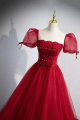 Homecoming Dresses Unique, Red Tulle Floor Length Evening Party Dress, Red Short Sleeve Graduation Dress