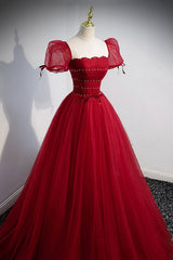 Homecoming Dress 2023, Red Tulle Floor Length Evening Party Dress, Red Short Sleeve Graduation Dress