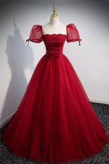 Homecoming Dress Pretty, Red Tulle Floor Length Evening Party Dress, Red Short Sleeve Graduation Dress