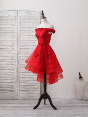 Prom Dress Boutiques, Red Tulle Lace Off Shoulder Short Prom Dress, Red Homecoming Dress