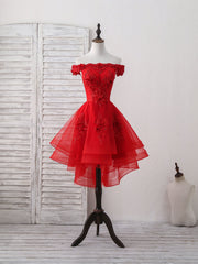 Prom Dresses Boutique, Red Tulle Lace Off Shoulder Short Prom Dress, Red Homecoming Dress