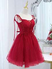 Bridesmaid Dresses Gowns, Red Tulle Lace Short Prom Dress Red Lace Puffy Homecoming Dress