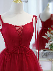 Bridesmaid Dresses With Sleeves, Red Tulle Lace Short Prom Dress Red Lace Puffy Homecoming Dress