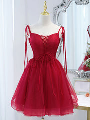 Bridesmaid Dresses Spring, Red Tulle Lace Short Prom Dress Red Lace Puffy Homecoming Dress