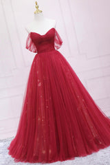 Prom Dress Ball Gown, Red Tulle Long A-Line Prom Dress, Off the Shoulder Formal Evening Dress