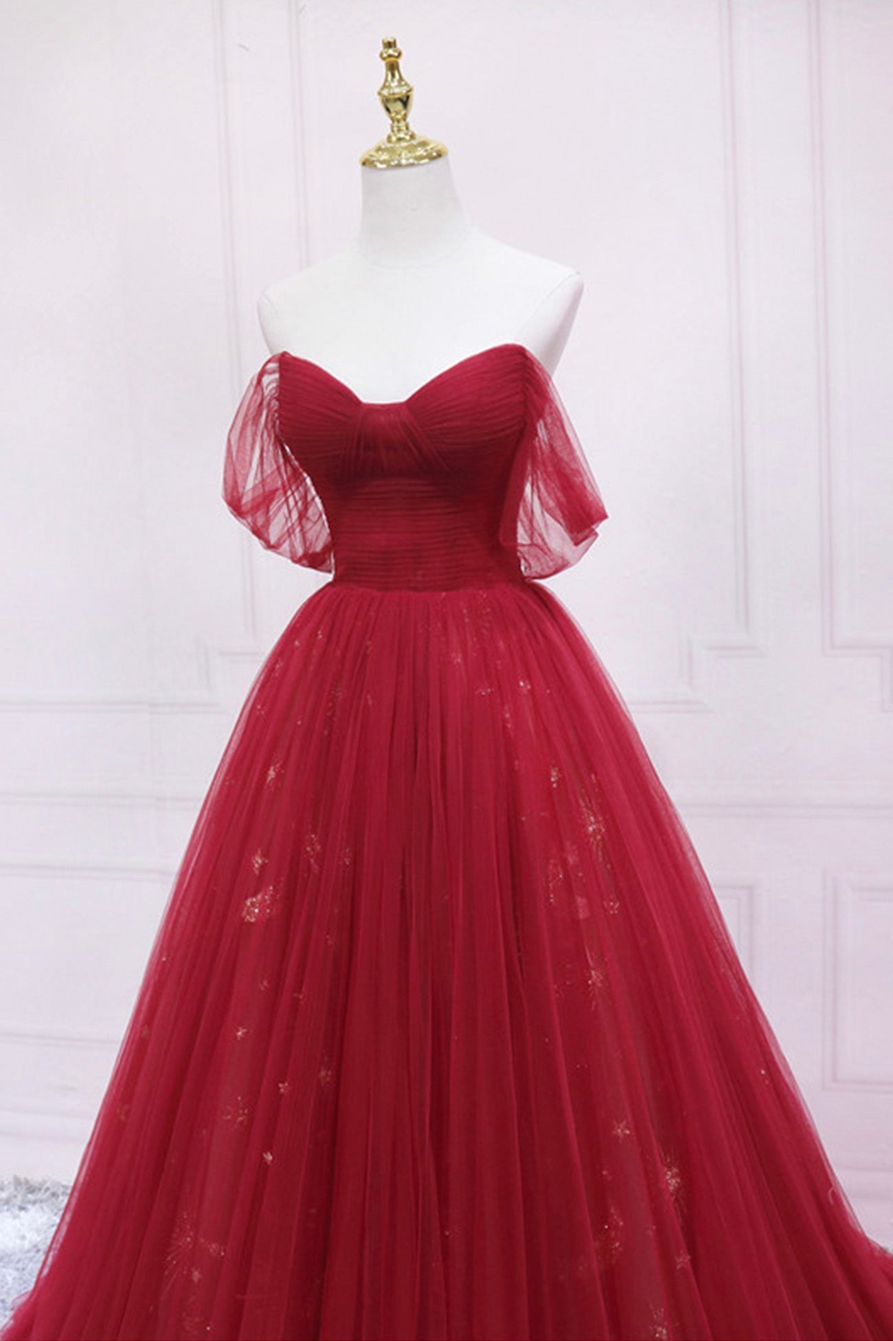 Prom Dresses Lace, Red Tulle Long A-Line Prom Dress, Off the Shoulder Formal Evening Dress
