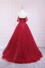 Prom Dresses With Sleeves, Red Tulle Long A-Line Prom Dress, Off the Shoulder Formal Evening Dress