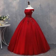 Formal Dress Websites, Red Tulle Long Off the Shoulder Sweet 16 Dress, Red Party Gown