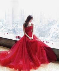 Prom Dress With Slits, Red Tulle Long Prom Dress, Red Tulle Evening Dress